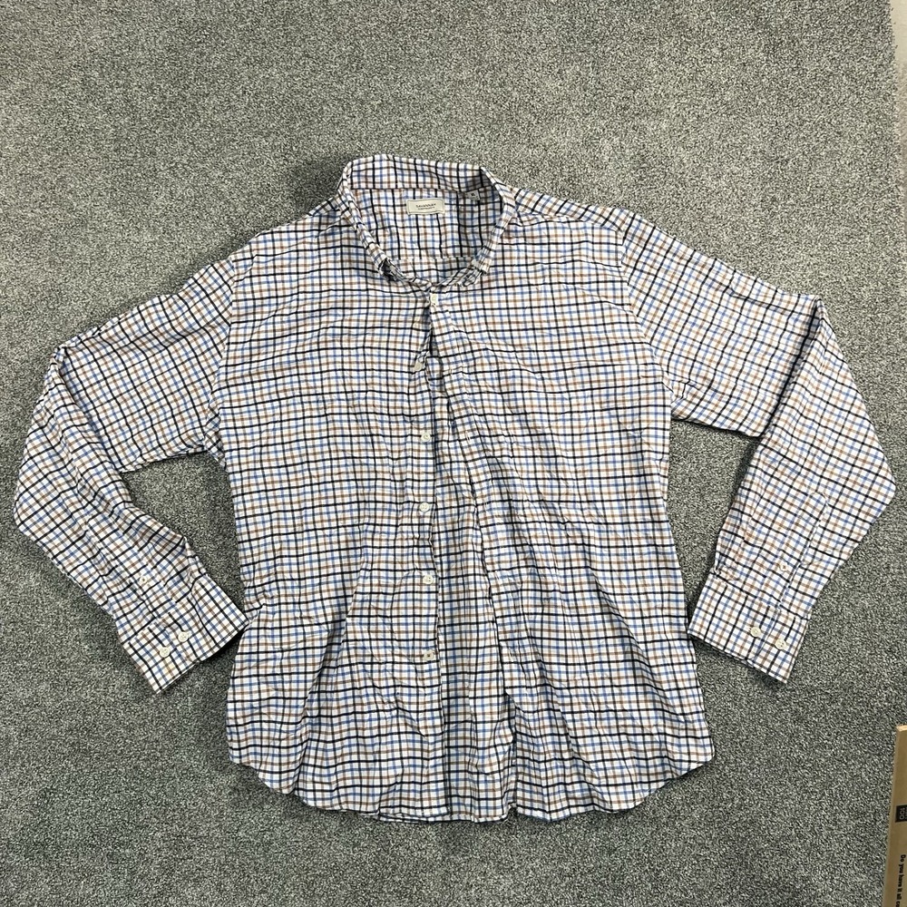 Savannah Mens XL Plaid Button Up Shirt Blue Brown White Long Sleeve Casual